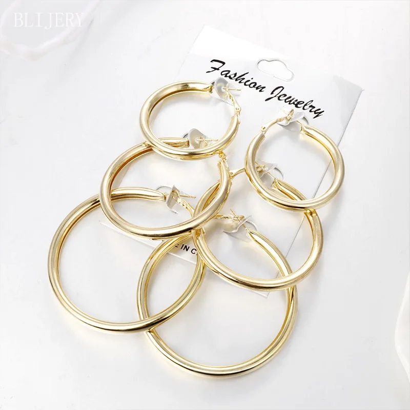 

BLIJERY 3 Pairs Fashion Thick Circle Hoop Earrings Set For Women Punk Jewelry Silver Gold Color Statement Earrings Brincos Femme