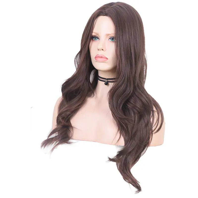 Bombshell Dark Brown Natural Wave Synthetic Wig Glueless Heat Resistant Fiber Hair Middle Parting For African American Women