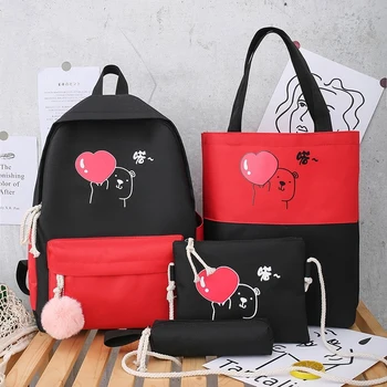 

New Cute Girls Canvas Four-piece Large Capacity Backpack Contrast Color Fashion Casual Bagpack School Bags Women Schulrucksack