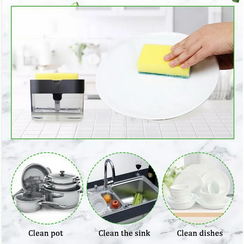 2-in-1 Soap Pump Dispenser With Sponge Holder Liquid Dispenser Container Hand Press Soap Organizer Kitchen Cleaner Tools