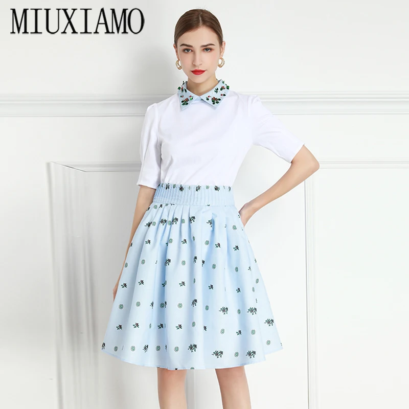 

MIUXIMAO 2021 Spring Summer Turn-down Collar Flower Print Half Sleeve Diamonds Top Mini Skirt Suit Women 2 Peice Sets Vestidos