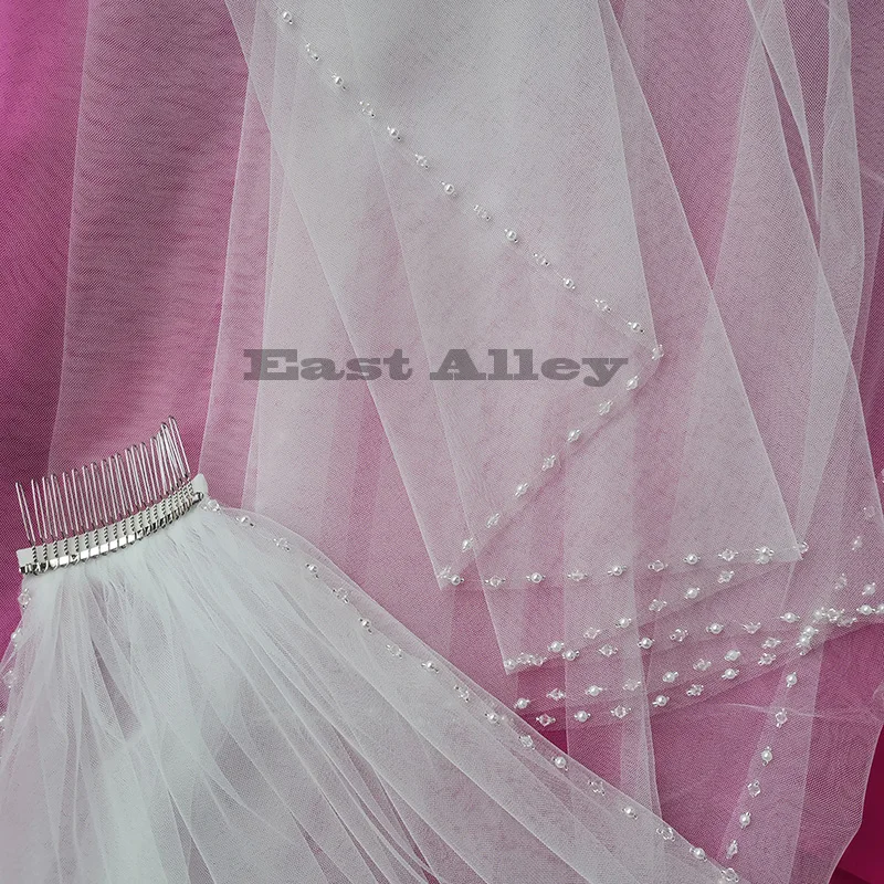 White/ Lvory 1 Tier Fingertip Wedding Veils Crystal Pearls Cut Edge Bridal Veil with Comb Bridal Accessories