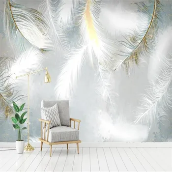 

Large 3D wallpaper mural custom modern hand painted watercolor feather Nordic small fresh background mural wallpaper