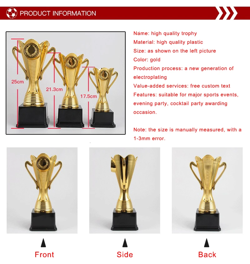 Plastic Trophy Toys Free Trophy Cup Award Team Sports Gold Plated Champion Cup Ceremony