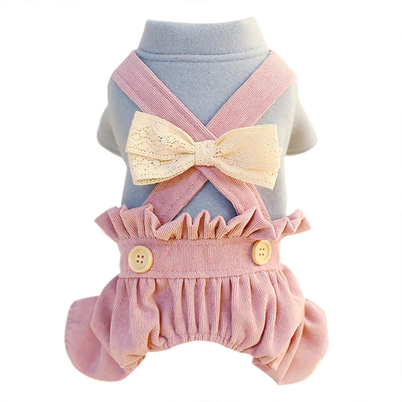 Pink Transer Милая стильная одежда для собак с кружевным бантом и оборками; Комбинезоны на пуговицах; Теплые Комбинезоны для собак; комбинезон; одежда для маленьких питомцев; 9905 - Цвет: Pink