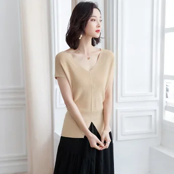 

Women's knitted sweater V-neck solid color short-sleeved T-shirt commuter gray