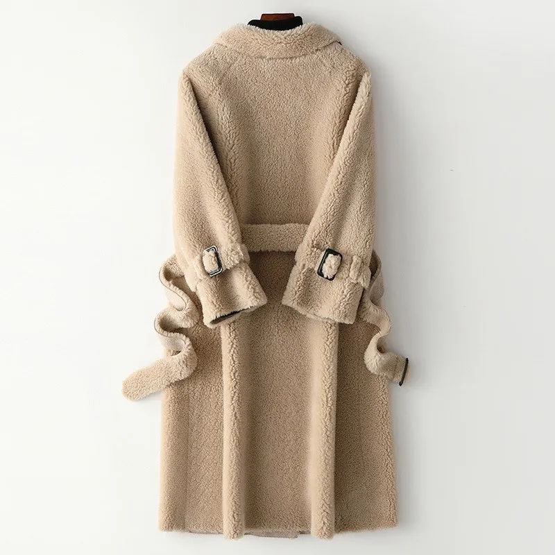 Женское зимнее длинное пальто с натуральным мехом женская одежда овечья шерсть куртка пояс корейский толстый мех элегантные пальто
