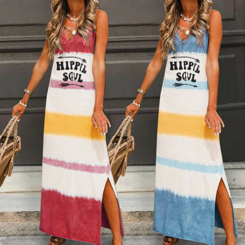

New Fashion Women's Lady Bohemia Sleeveless Summer Beach Long Maxi Dress Loose Hippie Holiday Beach Party Sun Dress