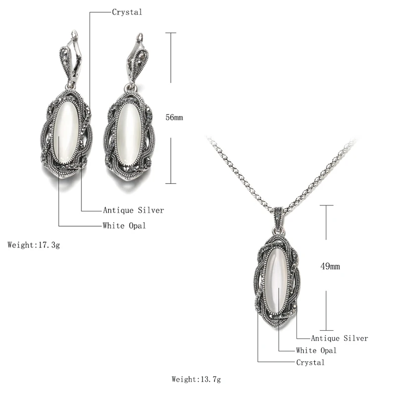 Wbmqda Bohemian Big Opal Stone Earrings Necklace Boho Jewelry Sets Vintage Tibetan Silver Black Crystal Earrings for Women jewelry sets jewelry set women earrings chain necklace