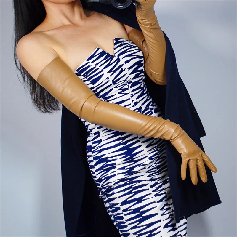 Очень длинные кожаные перчатки длиной 70 см, имитирующая кожу овчины, телесный светильник, коричневый рис, верблюд, молочный чай, цвет женский WPU39