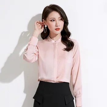 

Stand Collar Long-sleeved Women Shirt 2020 Spring Elegant Fashion CHIC Organ Pleated Blouse
