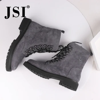 

JSI Winter Ankle Women Boots Round Toe Zip Kid Suede Ladies Shoes Square Heel Med Heels Metal Decoration Solid Women Boots c492