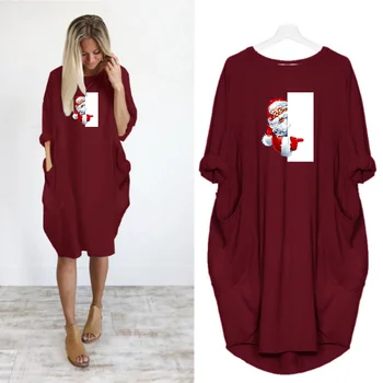 

Women Dress Cute Print Christmas Pocket Casual Loose Vintage Party Fall Clothes Santa Claus Kawaii Womens Big Size Dresses 2019
