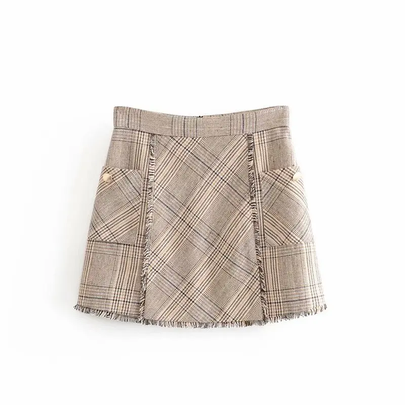 

Women fashion vintage checked plaid pockets patch mini skirt faldas mujer ladies back zipper tassel stitching vestidos casual tweed woolen skirts QUN473