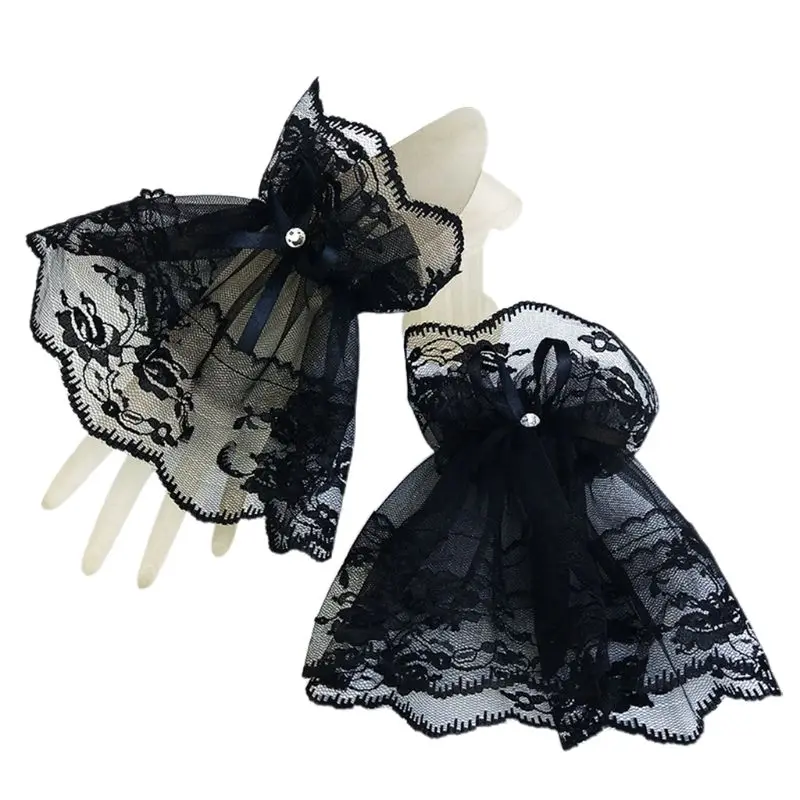 Женские черные кружевные манжеты на запястье браслеты свадебные Стразы с бантом перчатки без пальцев - Цвет: Черный