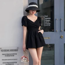

Black Bubble Sleeves V Neck Shorts Bodysuit Women 2021 Summer Slim Sexy Elegant Jumpsuits Wide Leg Rompers Pants Casual Trousers