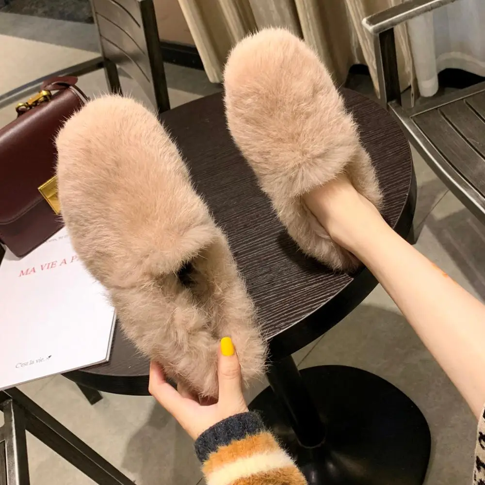 

Fashion Hairy Woman Shoes Warm Shallow Slip-on Winter Plush Flats Casual Round Toe Loafers All Match Moccasins Female Footwear