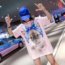 Женская летняя Корейская футболка с милым животным принтом кота мини Повседневное платье Осенняя модная одежда в стиле хип-хоп платья xxl c. h. i. c