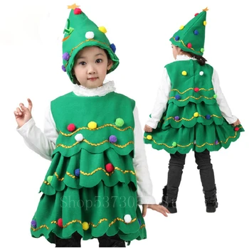 

Girls Christmas Cosplay Costumes Halloween Stage Performance Dance Dress Green Christmas Tree Hairball Clothing Set Gift