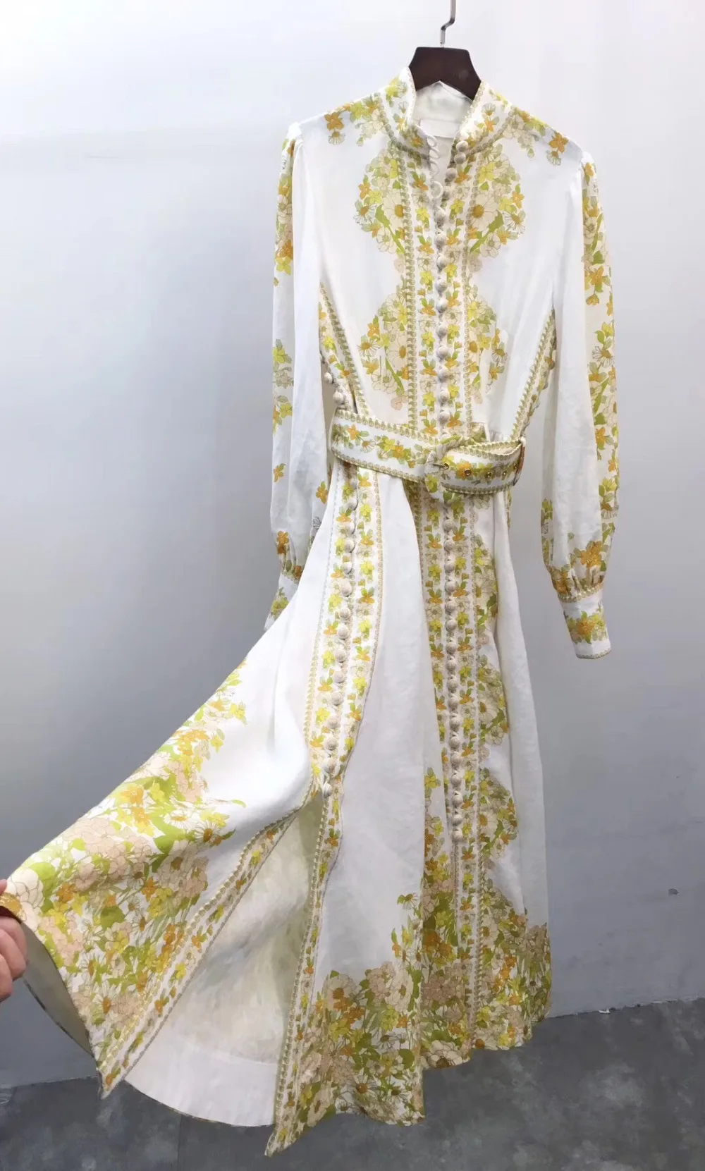 12.7 Women's vacation series bohemian floral print collar dress Maxi dress Linenwith floral placement buckle waist dress