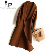 2021 autunno inverno cappotto di lana lungo di alta qualità donna caramello nero abito Slim colletto giacca di lana Double face capispalla femminile