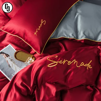 

GXC Luxury Silk Wine Red Beauty Bedding Set Printed Duvet Cover Set Silky Bed Set Pillowcase Queen King Flat Sheet 4PCS