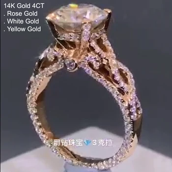 

14K Rose Gold 4 Carat Moissanite Diamond Ring Women Round Vintage Luxury Wedding Party Engagement Anniversary Ring 4 Ct D Color
