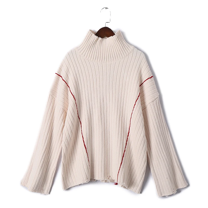 beige AOEMQ, Модный пуловер, свитер, 4 цвета, водолазка, Зимний вязаный свитер с полосатым узором, свитер, одежда с широкими рукавами - Цвет: beige