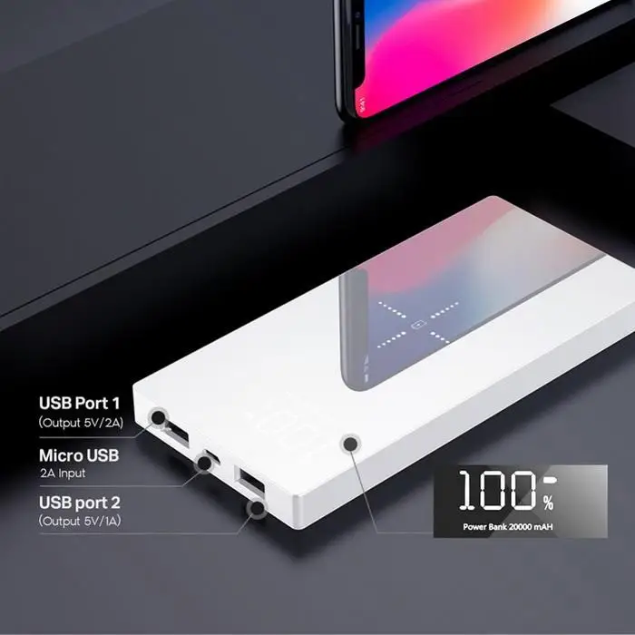 20000 мАч портативный Банк питания умное Беспроводное зарядное устройство Внешний аккумулятор с двумя usb-портами ЖК-дисплей зеркало повербанк банк питания для iPhone Xiaomi