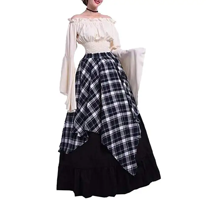  FEECOLOR Women Medieval Dress Vintage Long Sleeve Dress Flared Sleeves Retro Halloween Medieval Vic