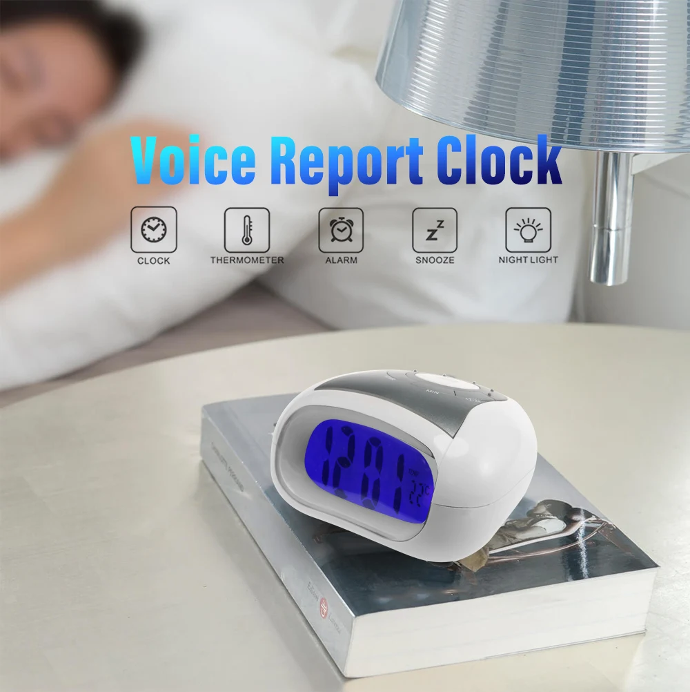 

LCD Alarm Voice Report Clock Digital Snooze Table Clock Wake Up Light Electronic Time Temperature Display Home Decoration Clock