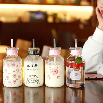 

Double Lids Transparent Glass Bottle Cartoon Pig Sippy Bottle For Milk Tea Juice Student Portable Drink Water Bottle Straw Cup