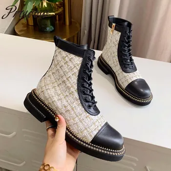 

Prowow New High Quality Genuine Leather Lace Up Ankle Boots Round Toe Thick Heel Autumn Winter Boots Zapatos Mujer