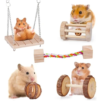 

Natural Wooden Hamster Rabbits Toys Pine Dumbells Unicycle Bell Roller Chew Toys For Guinea Pigs Rat Small Pet Molars Supplies