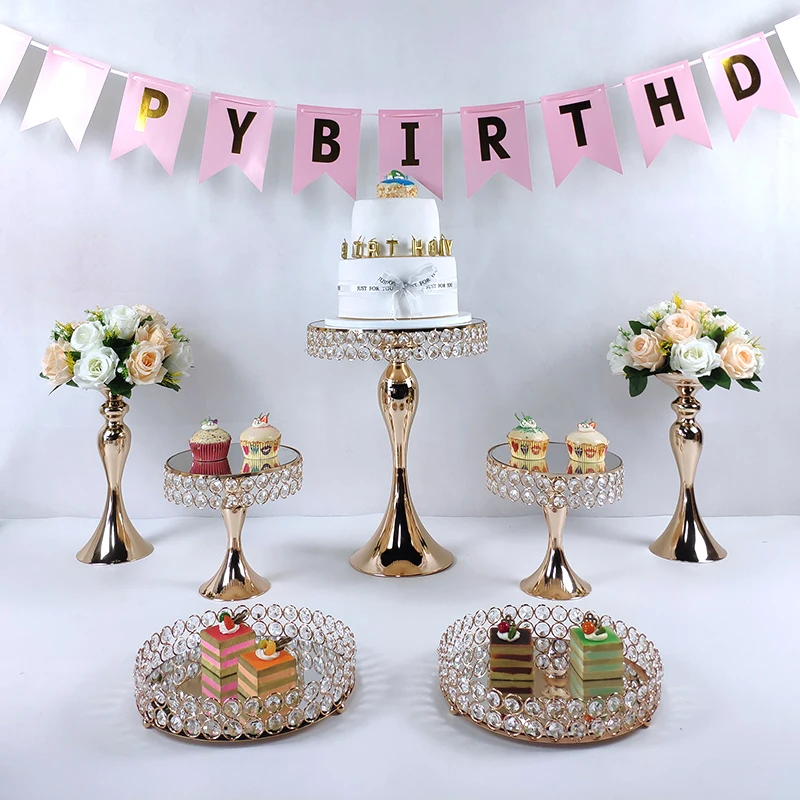 mirror Crystal beads cake stand set gold plated surface dessert stand wedding party table decoration baking tool