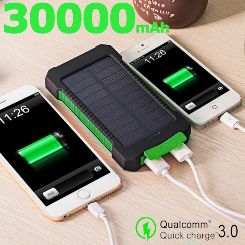 Мобильный источник питания солнечное зарядное устройство 30000mAh светодиодный