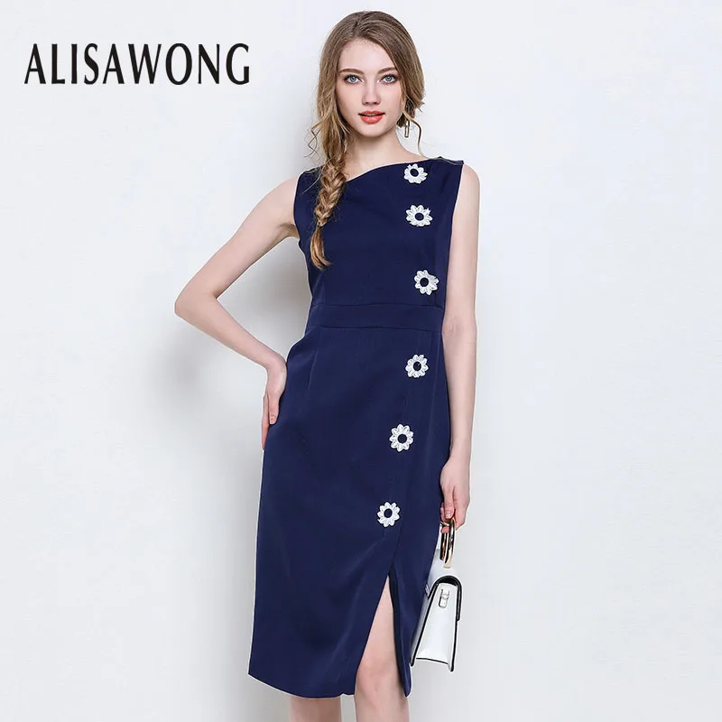 

Temperament Womens Dress 2019 Summer New Elegant Females Fashion Stereoscopic Flowers Medium Length Sleeveless Slit Slim Dresses