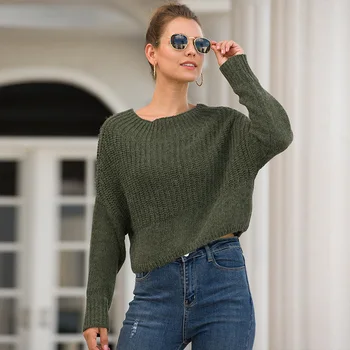 

QUEVOON Women's O-neck Cropped Sweaters Striped Long Sleeve Female Jumpers Fashion Knit Pullovers Winter Basic Sweaters Casual