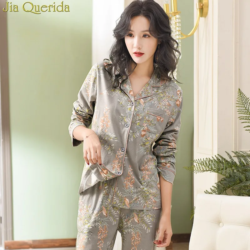 Pajamas For Women New Pure Cotton Women Home Suit XXXL Grey Floral Lapel Cardigan Top+Long Bottoms 2 Pcs Women Pajamas - Цвет: U 88439