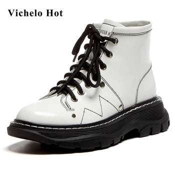 

Vichelo Hot genuine leather round toe med heel riding boots lace up two colors British style young lady casual ankle boots L01