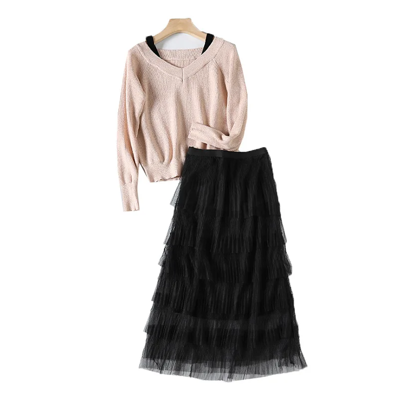 

One's V-neck Loose-Fit Slimming Sweater Gauze Skirt French Set Entity