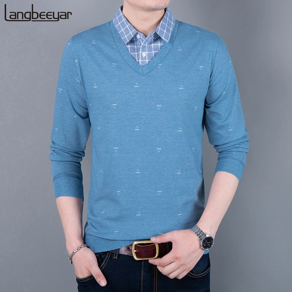 

2020 New Fashion Brand Knit Fake Two Sweaters Shirt Collar Autum Winter Sweater Men Woolen Korean Casual Jumper Mens Clothing