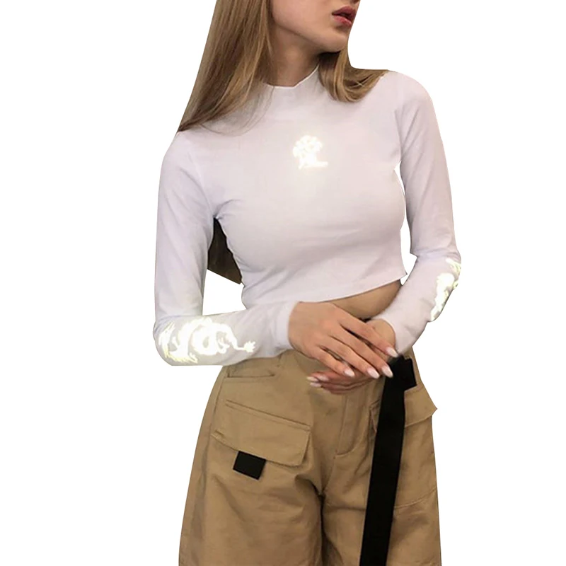 Женская одежда с круглым вырезом, короткая Светоотражающая Футболка с принтом, осенняя женская футболка с длинными рукавами, открытый пупок, топы с высоким воротником, футболка
