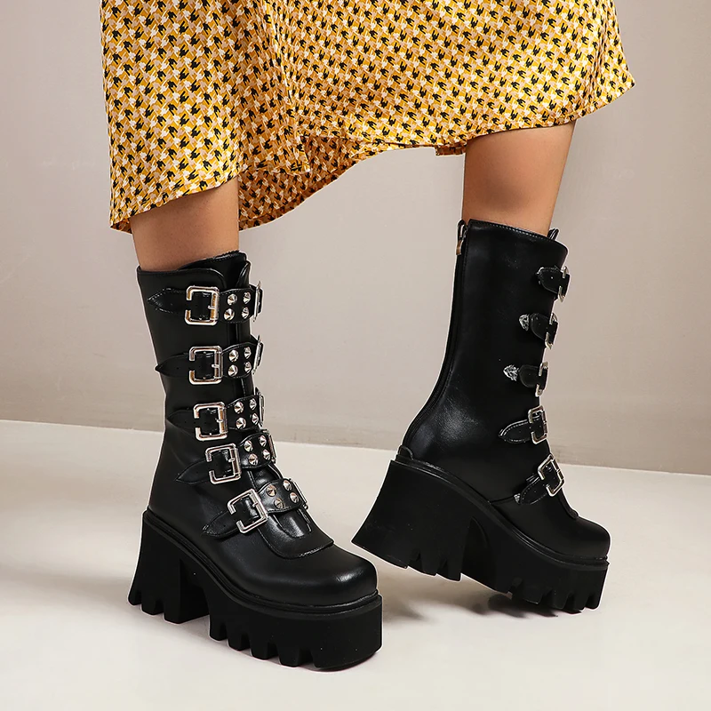 

short Boots Women's High-heeled Motorcycle Boots Zipper Black Buckle Belt Boots Thick-soled Women's Boots Punk Style Boots