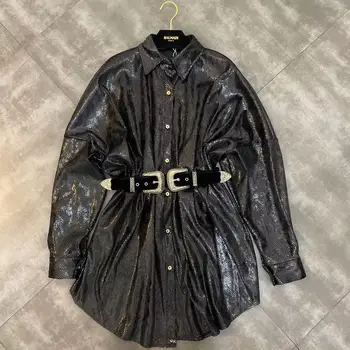 

Women's Shirt Spring 2020 New Lapel Long Sleeve Reflective Sequin Snake Waist Belted Shirt