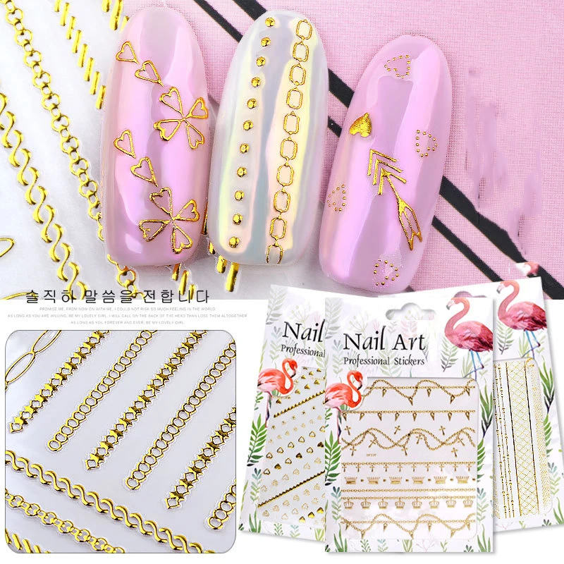 1 лист золотые металлические цепочки наклейки для ногтей s 3D сердце ...