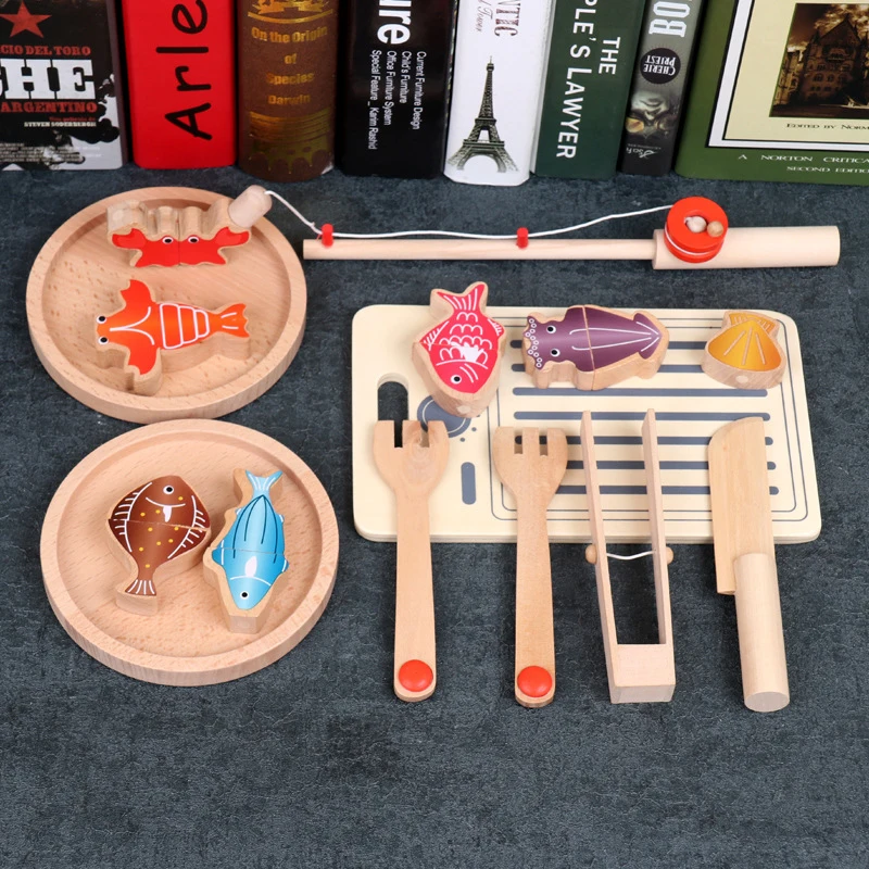 

15pcs Baby Educational Toy Simulation fishing Games Kitchen Set Novelty Wooden Toys Cognition Magnetic Toys Set Children Gifts