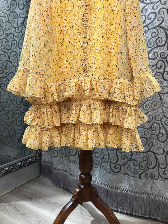 High Quality New Autumn Fashion Dress Women Charming Floral Print Cascading Ruffle Sexy Party Long Sleeve Yellow Dress Club