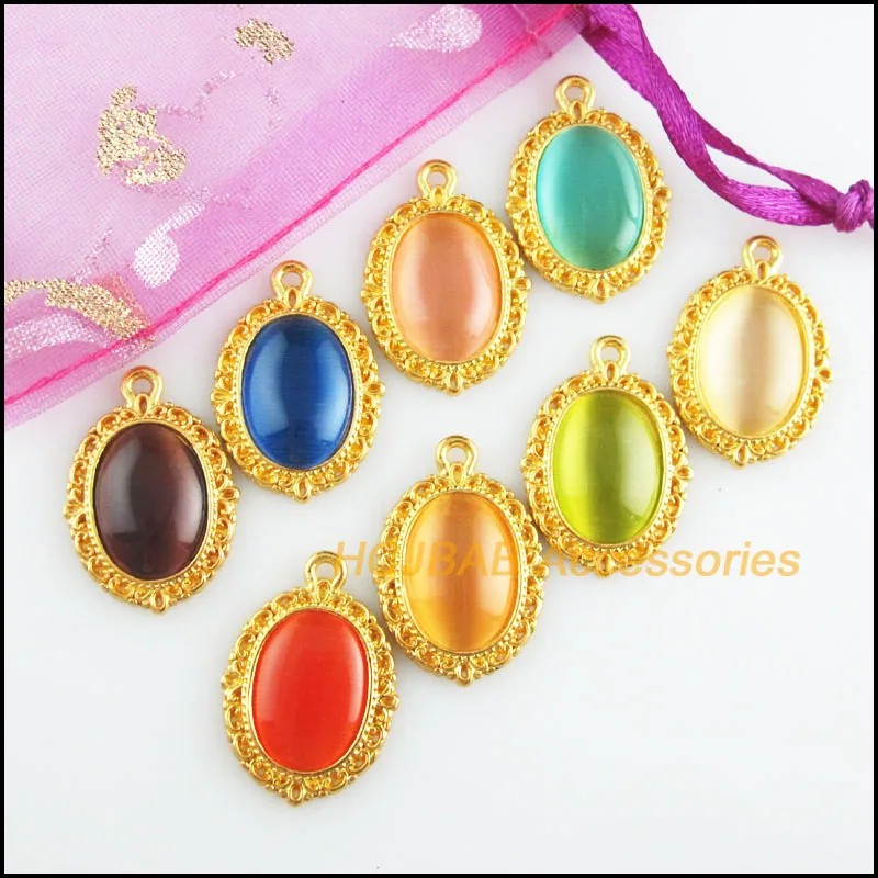 

16Pcs Gold Color Flower Mixed Oval Stone Charms Pendants 16.5x23mm