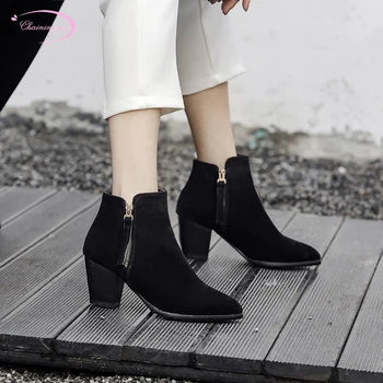 

Casual riding boots comfortable flock pointed toe ankle boots fashion zipper black yellow apricot high heel thick women's shoes